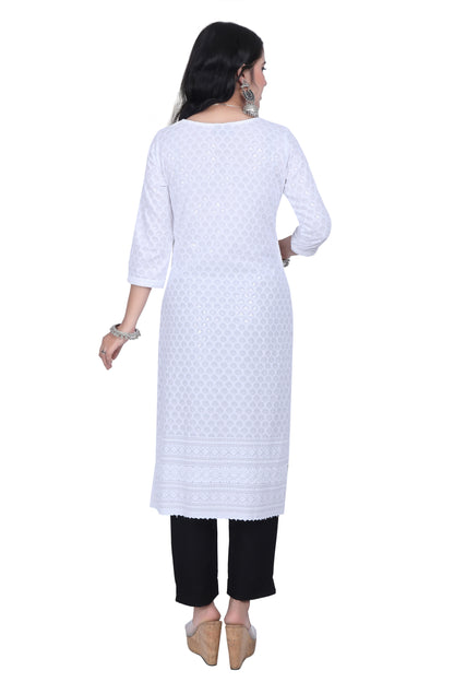 Meniki Women's Leafy Sequence Work Embroidered Cotton Kurti