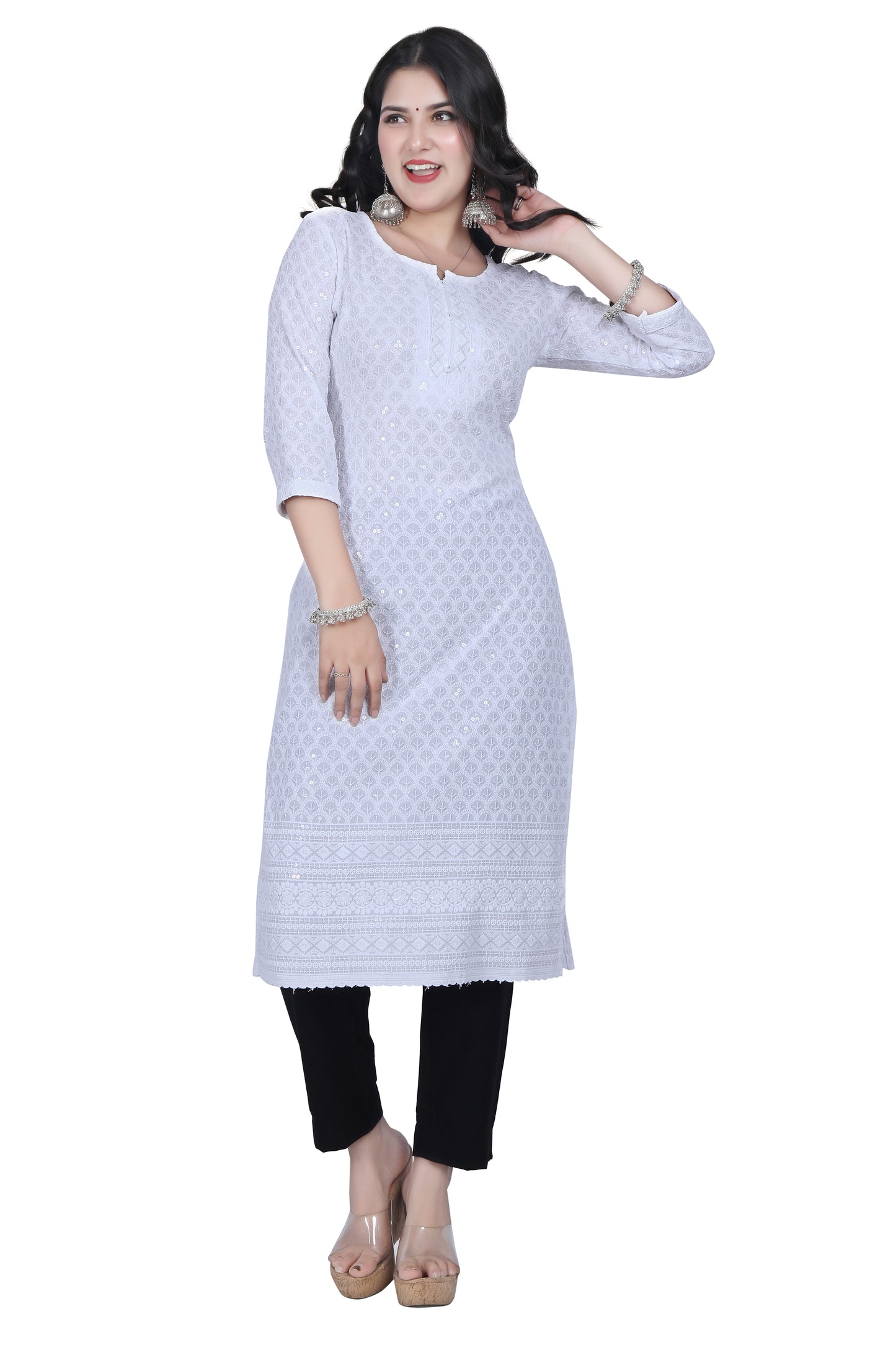 Meniki Women's Leafy Sequence Work Embroidered Cotton Kurti