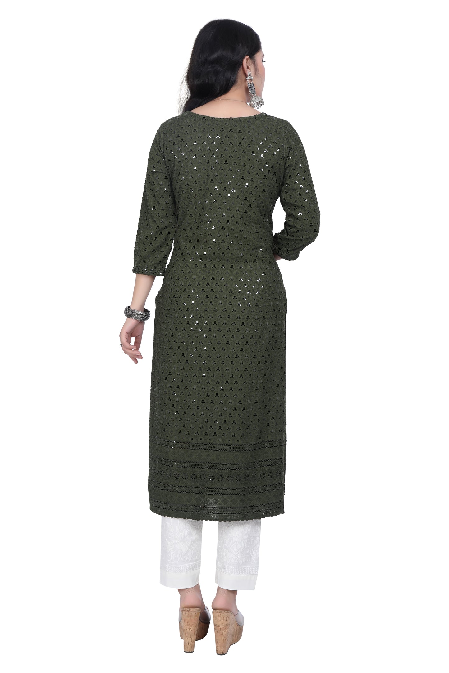 Meniki Women's Leafy Sequence Work Embroidered Cotton Kurti