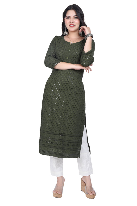 Meniki Women's Leafy Sequence Work Embroidered Cotton Kurti