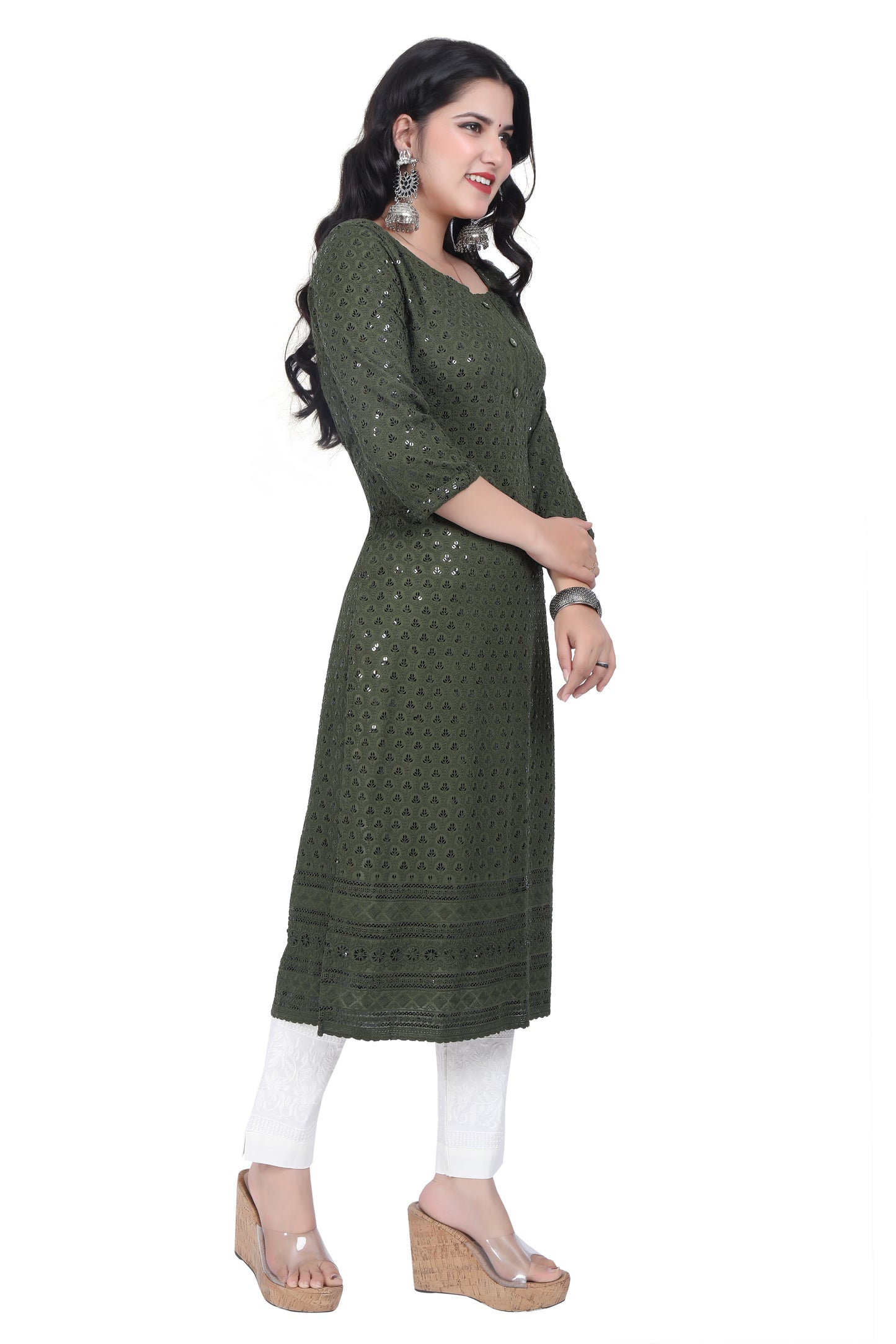 Meniki Women's Leafy Sequence Work Embroidered Cotton Kurti