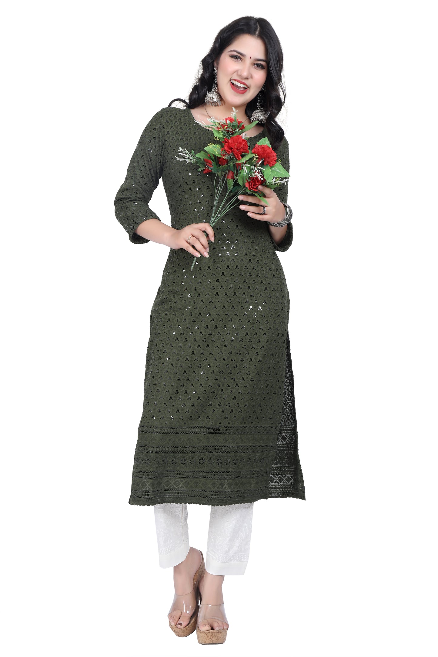 Meniki Women's Leafy Sequence Work Embroidered Cotton Kurti