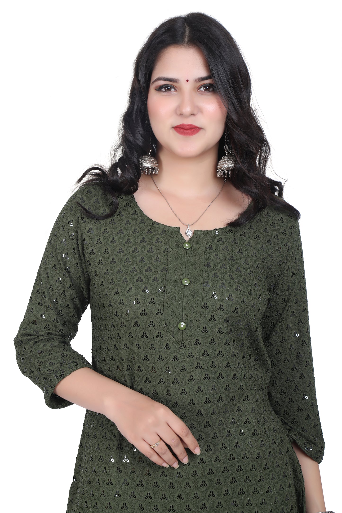 Meniki Women's Leafy Sequence Work Embroidered Cotton Kurti