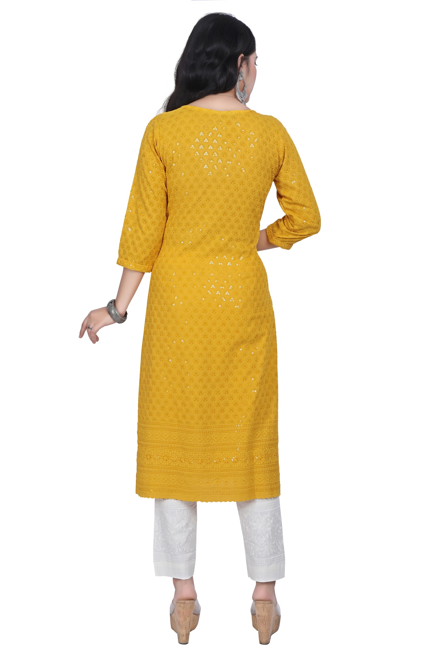 Meniki Women's Leafy Sequence Work Embroidered Cotton Kurti