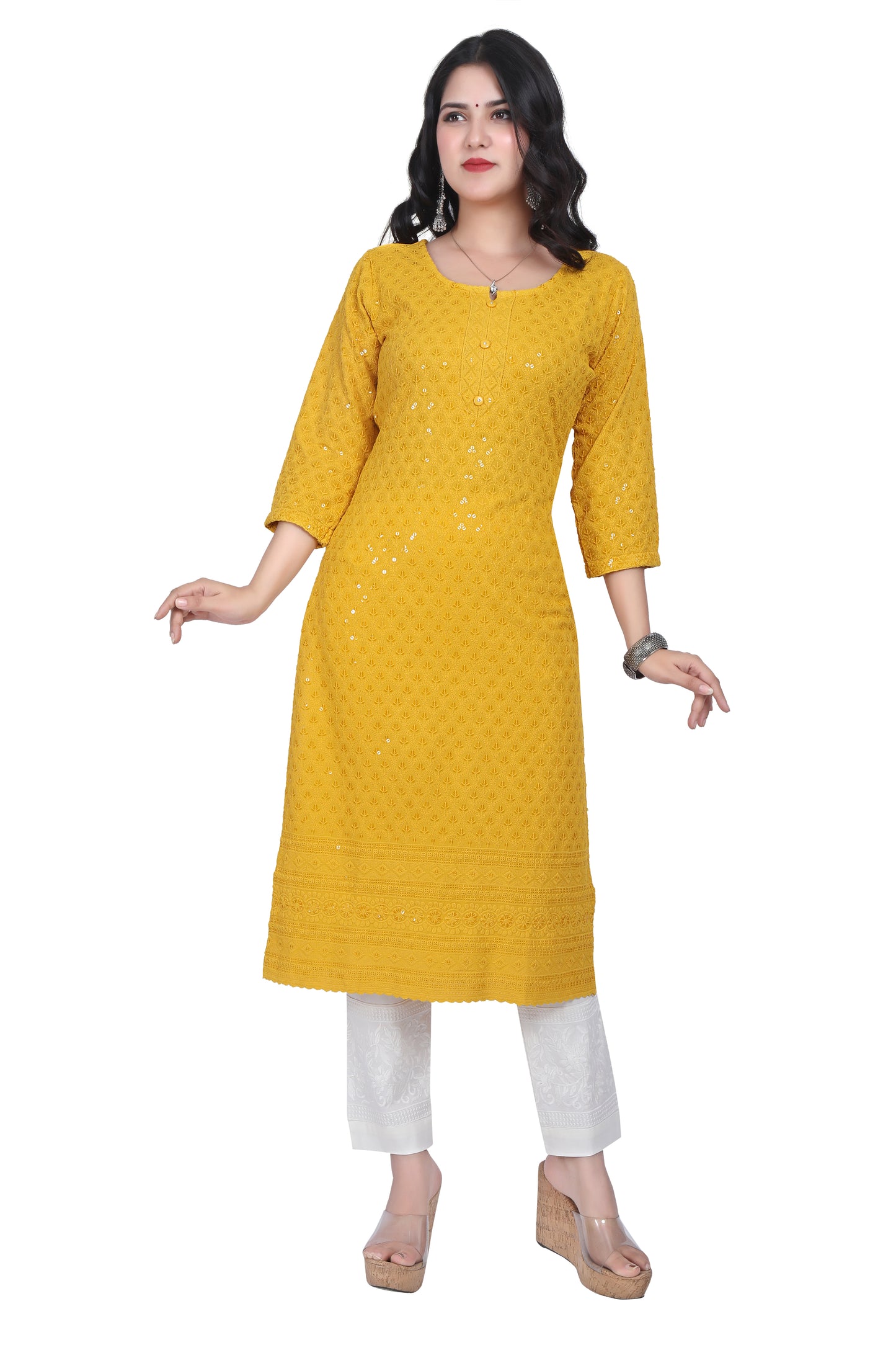 Meniki Women's Leafy Sequence Work Embroidered Cotton Kurti