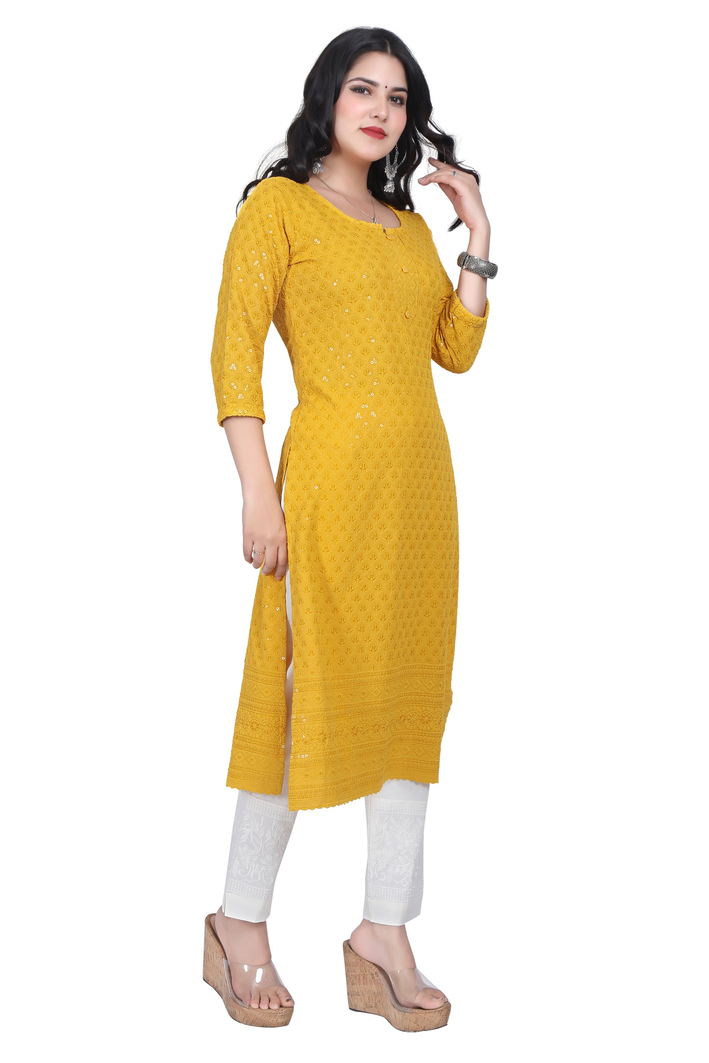 Meniki Women's Leafy Sequence Work Embroidered Cotton Kurti