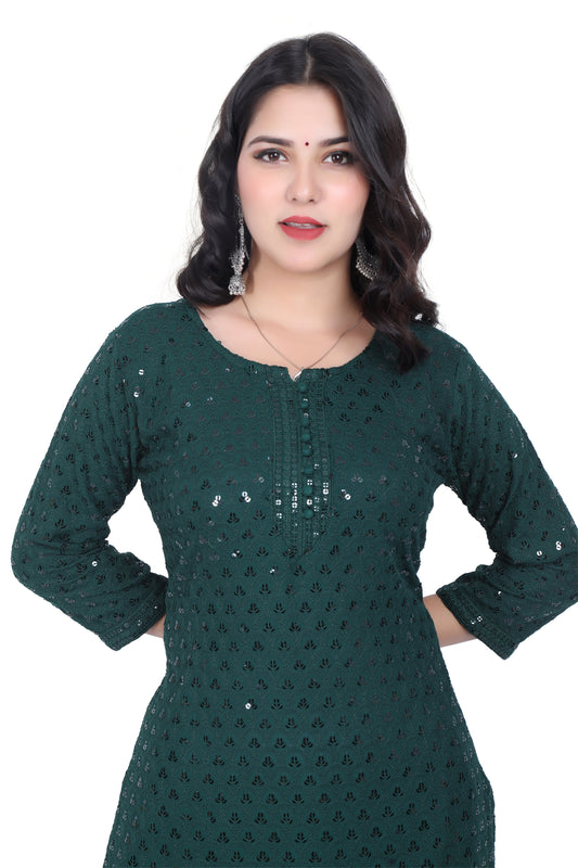 Meniki Women's Leafy Sequence Work Embroidered Cotton Kurti