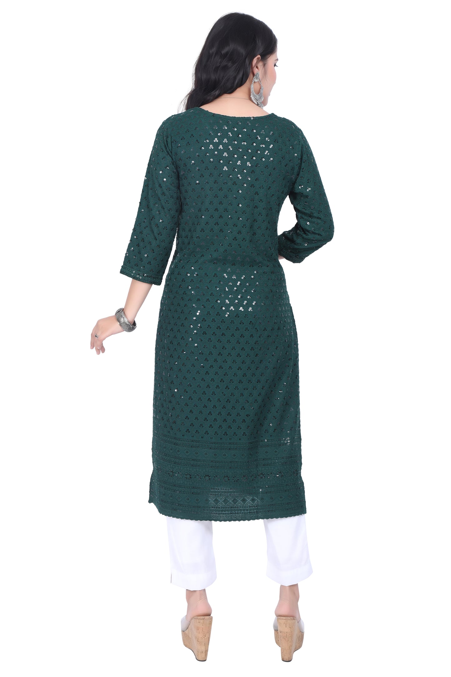 Meniki Women's Leafy Sequence Work Embroidered Cotton Kurti