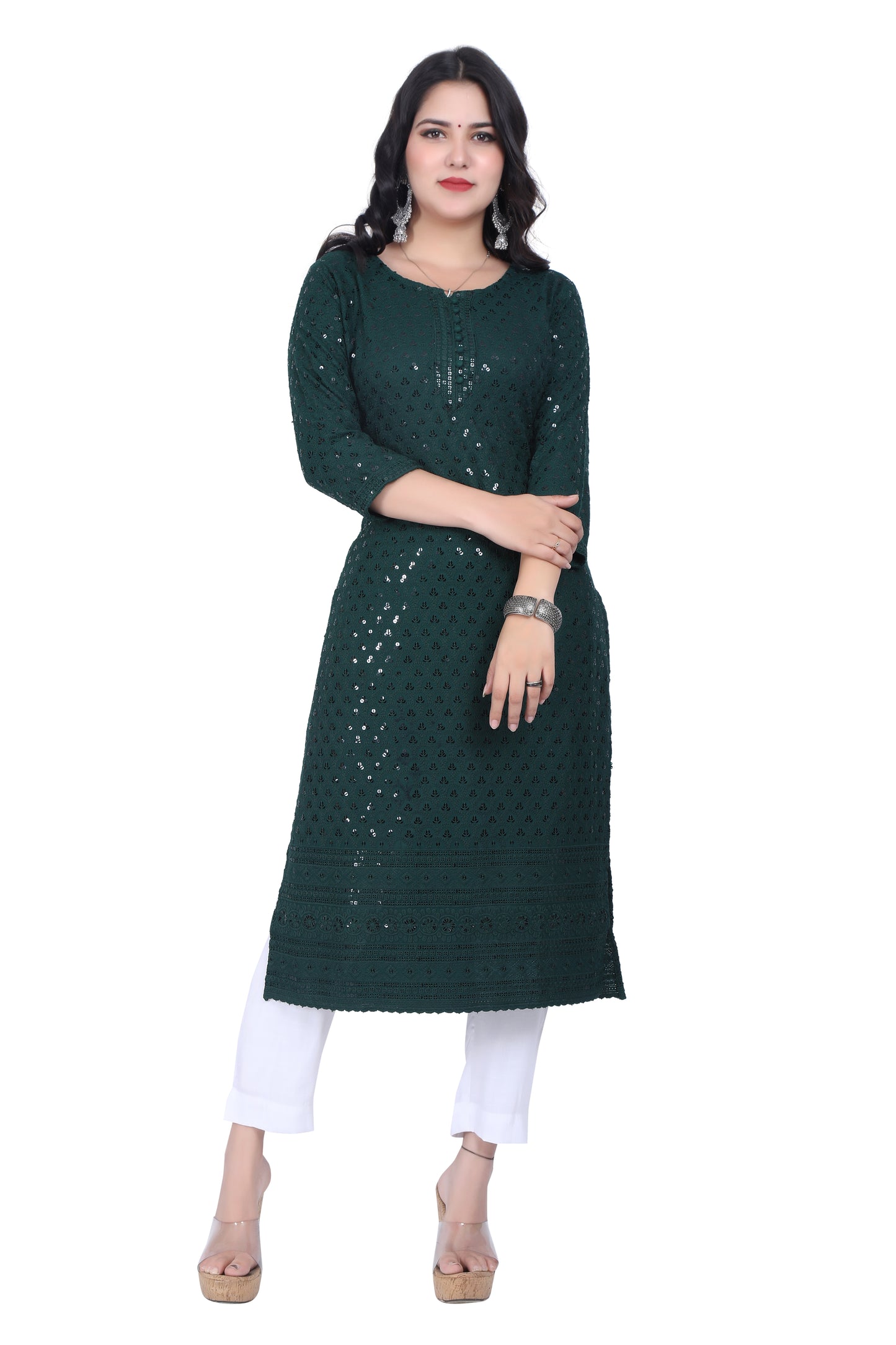 Meniki Women's Leafy Sequence Work Embroidered Cotton Kurti