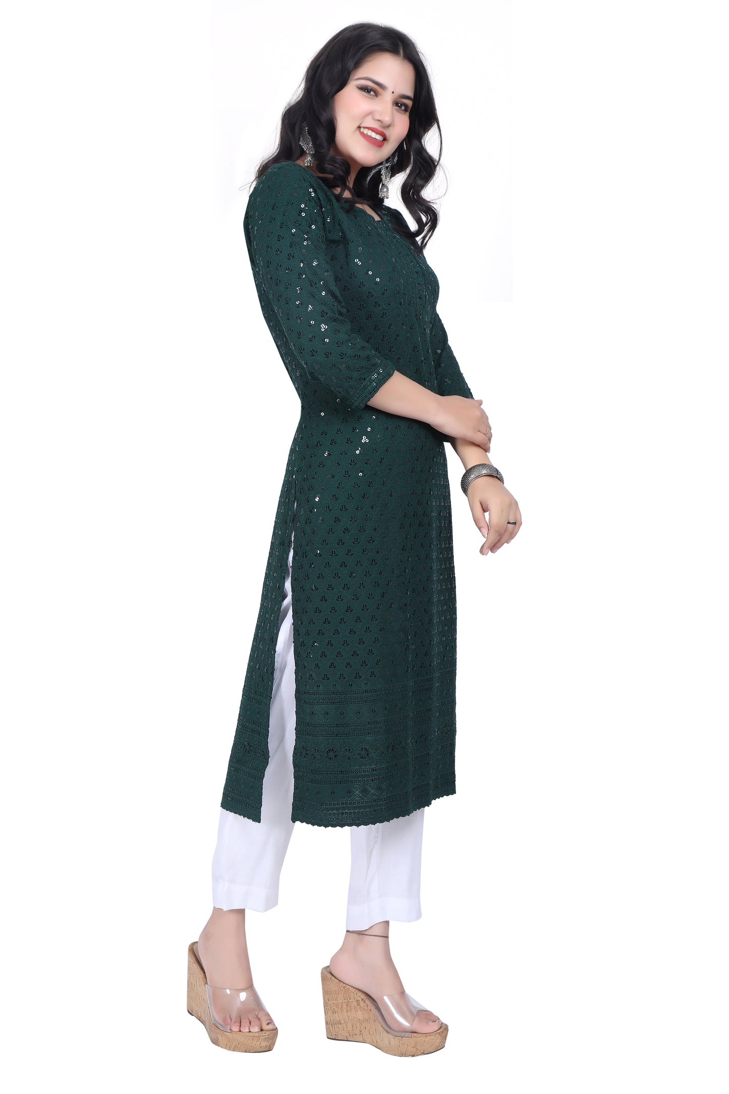 Meniki Women's Leafy Sequence Work Embroidered Cotton Kurti