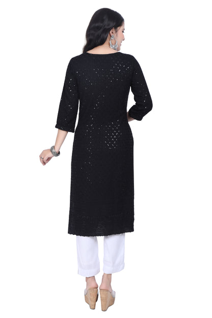 Meniki Women's Leafy Sequence Work Embroidered Cotton Kurti