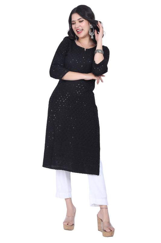 Meniki Women's Leafy Sequence Work Embroidered Cotton Kurti