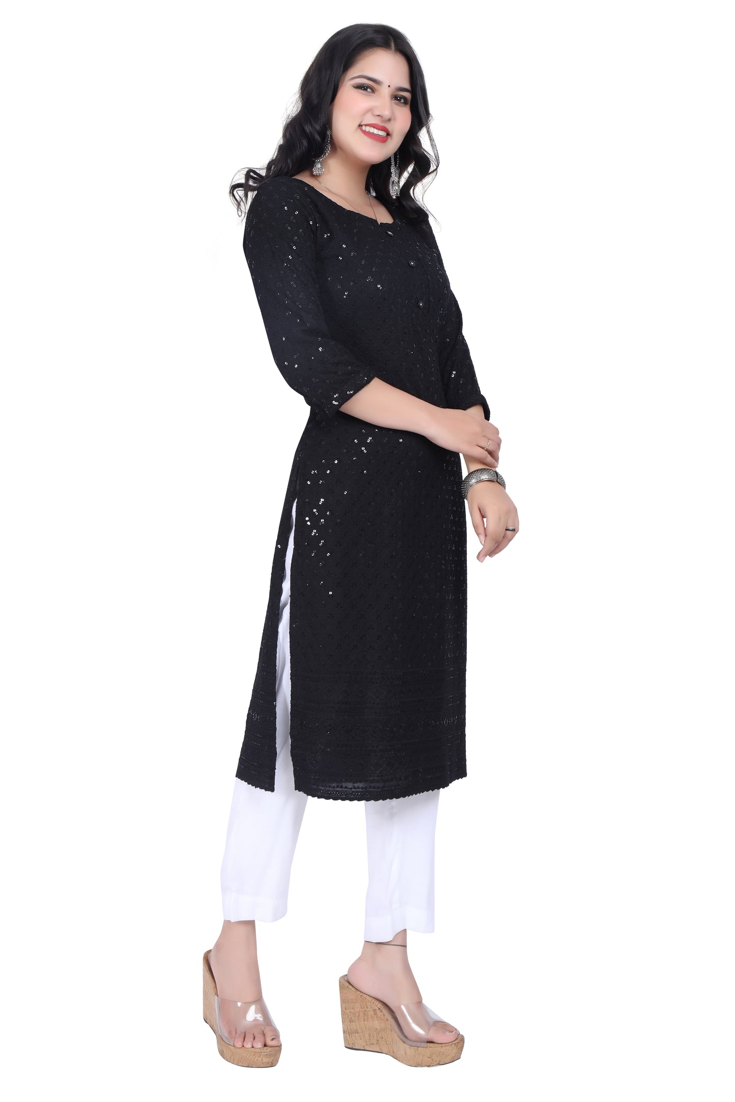 Meniki Women's Leafy Sequence Work Embroidered Cotton Kurti