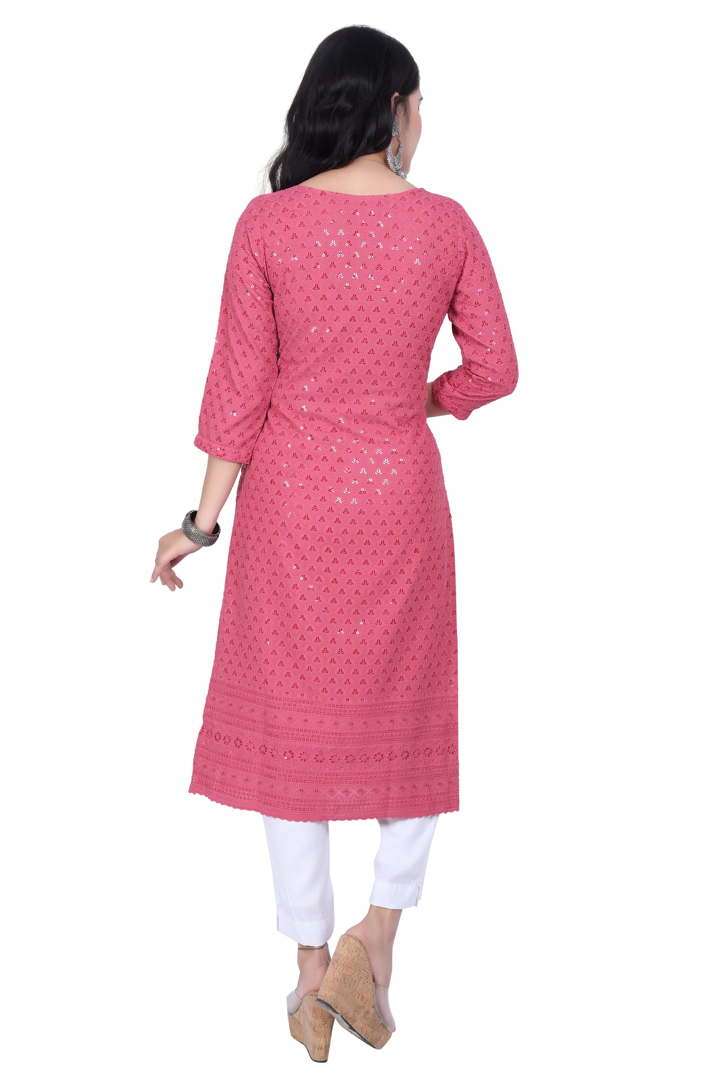 Meniki Women's Leafy Sequence Work Embroidered Cotton Kurti