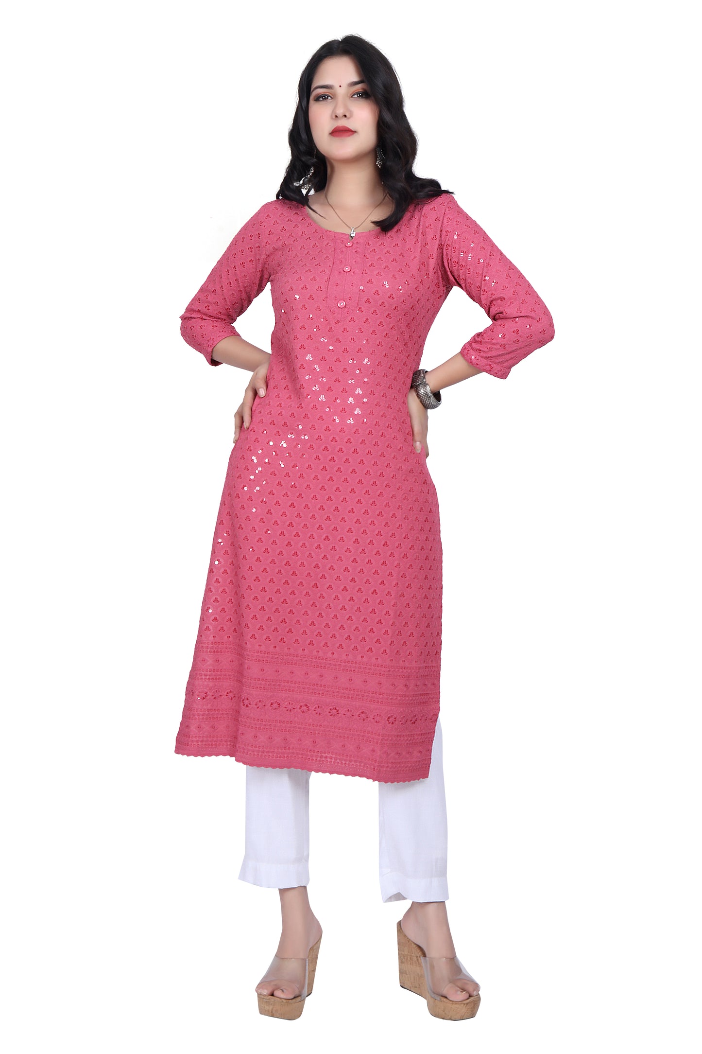 Meniki Women's Leafy Sequence Work Embroidered Cotton Kurti