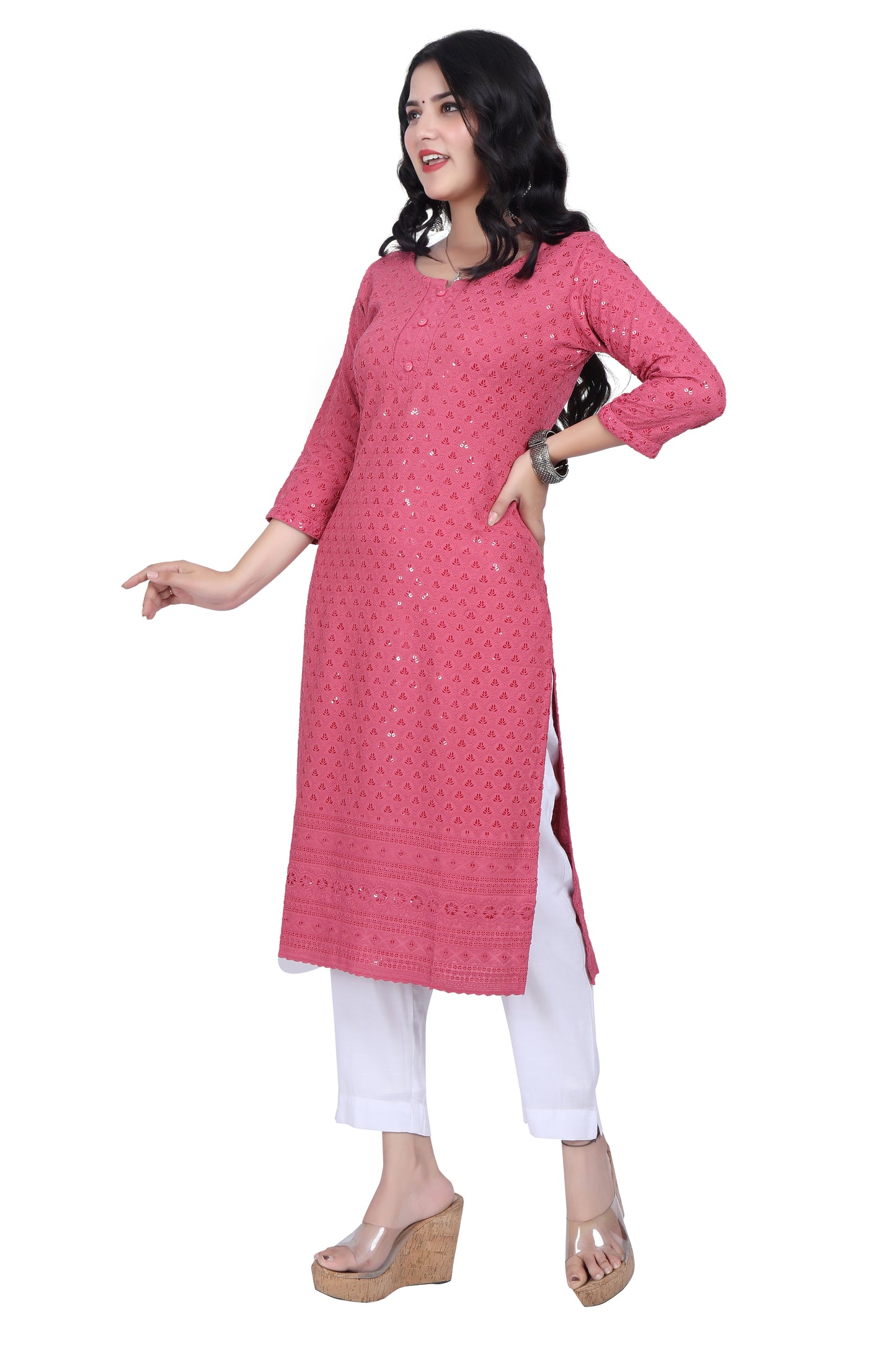 Meniki Women's Leafy Sequence Work Embroidered Cotton Kurti