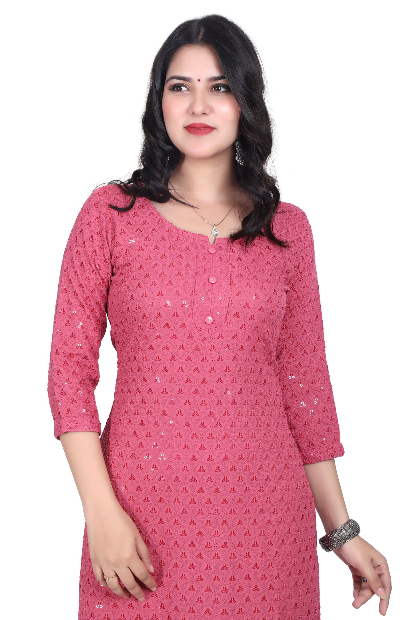 Meniki Women's Leafy Sequence Work Embroidered Cotton Kurti