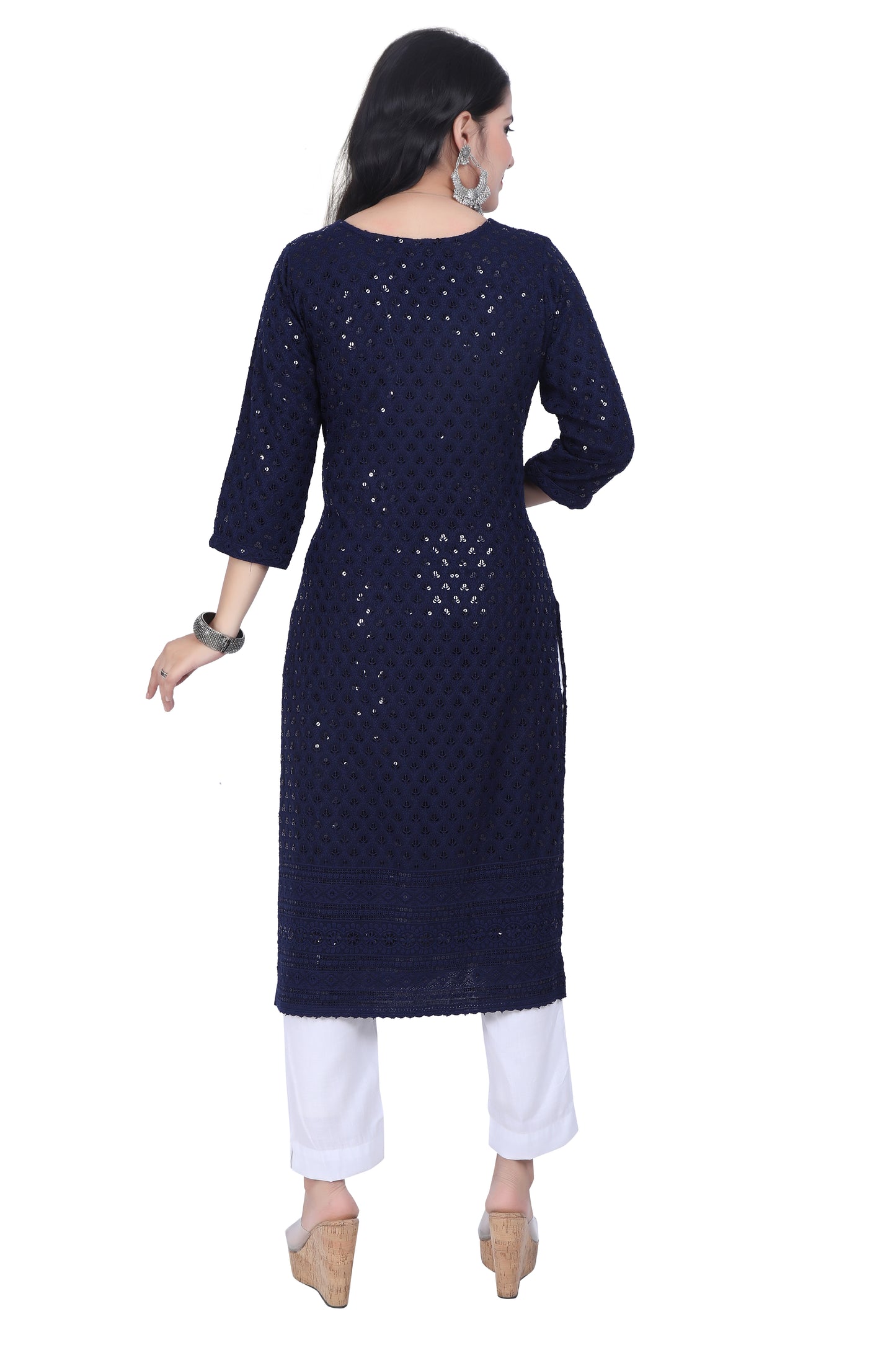 Meniki Women's Leafy Sequence Work Embroidered Cotton Kurti