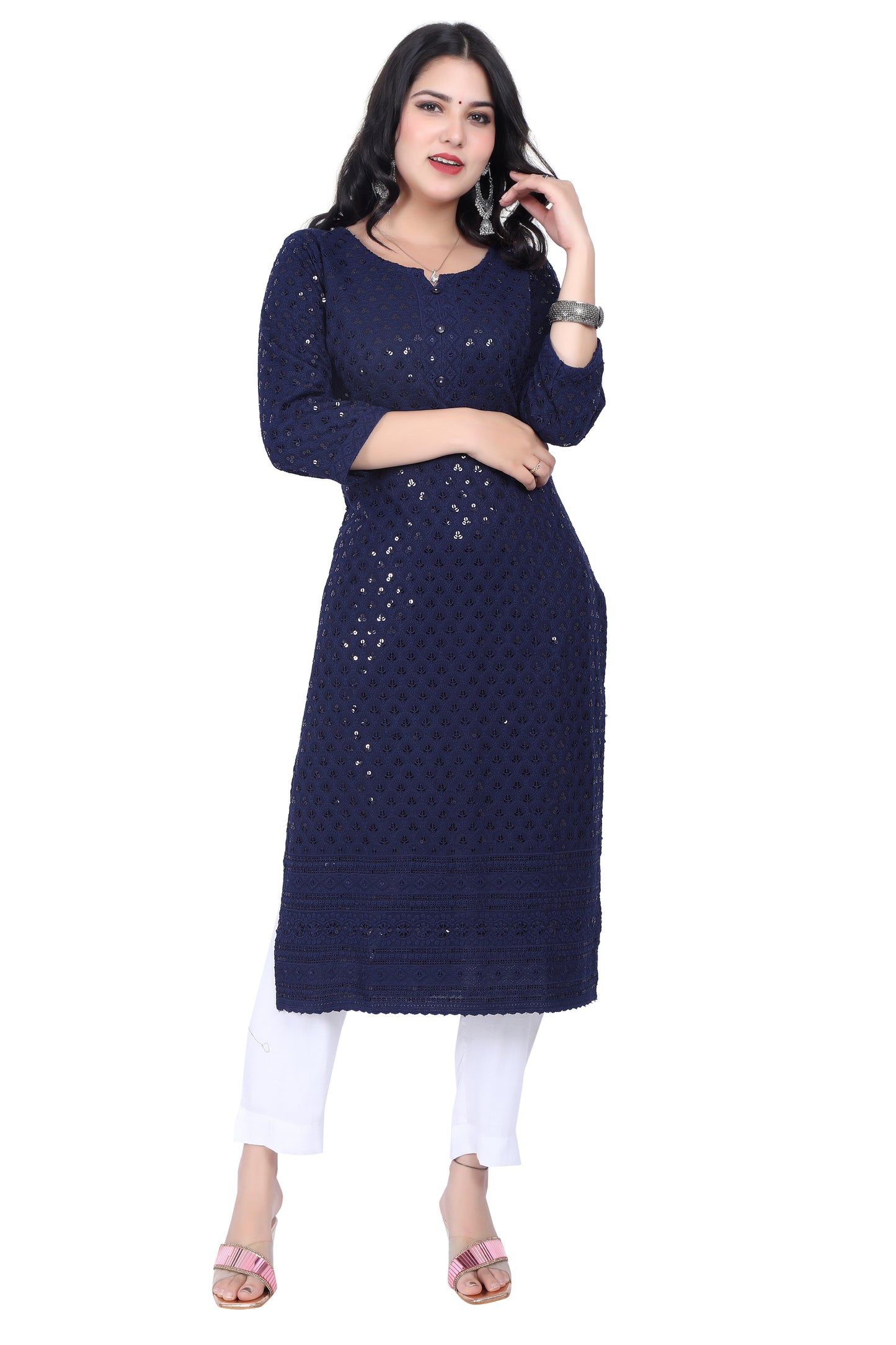 Meniki Women's Leafy Sequence Work Embroidered Cotton Kurti