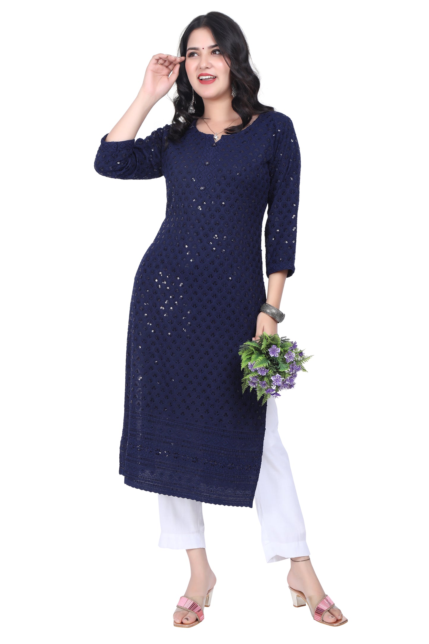 Meniki Women's Leafy Sequence Work Embroidered Cotton Kurti