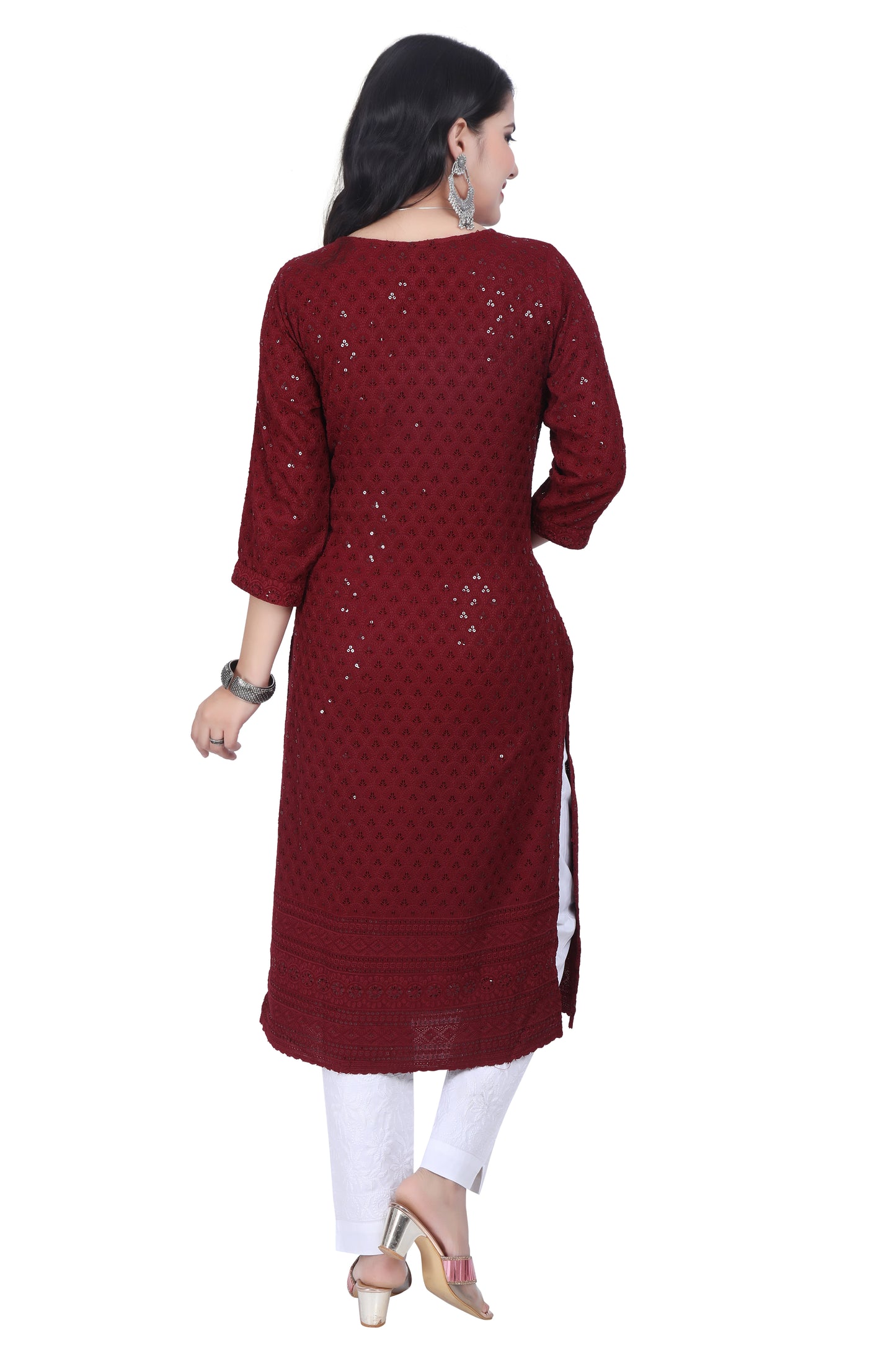 Meniki Women's Leafy Sequence Work Embroidered Cotton Kurti