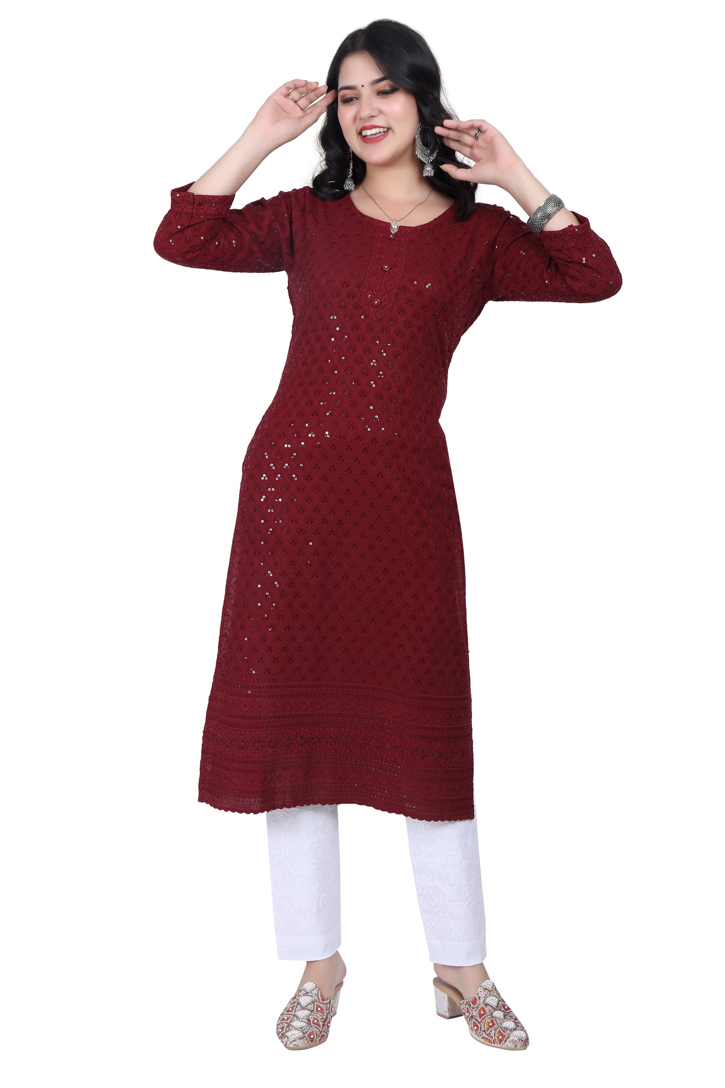 Meniki Women's Leafy Sequence Work Embroidered Cotton Kurti