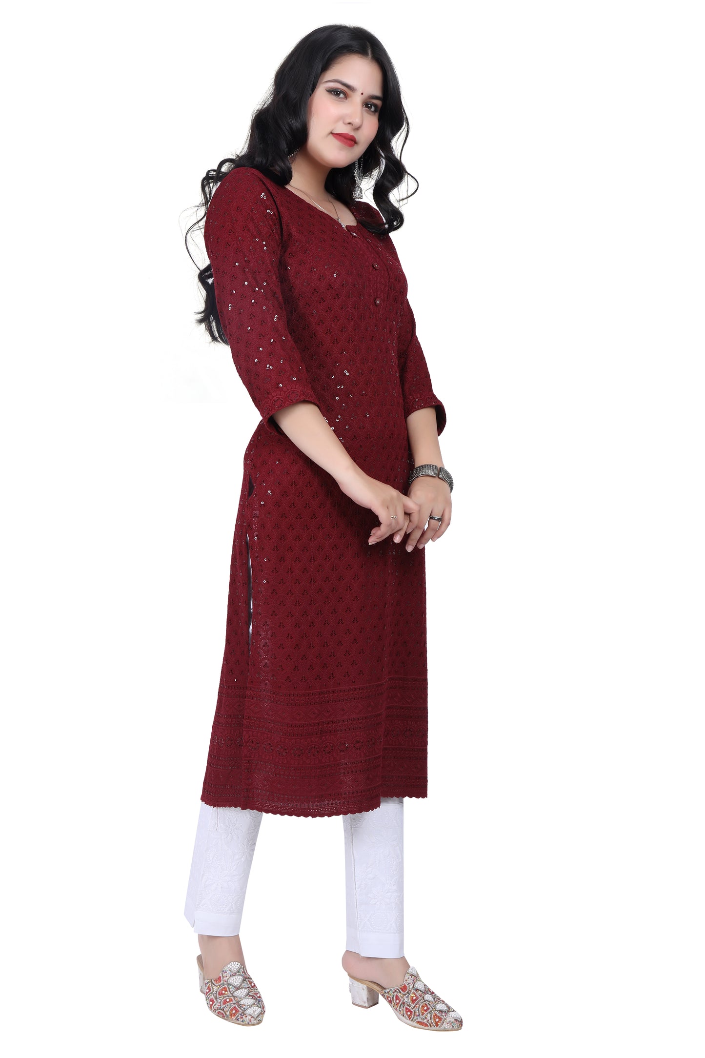 Meniki Women's Leafy Sequence Work Embroidered Cotton Kurti