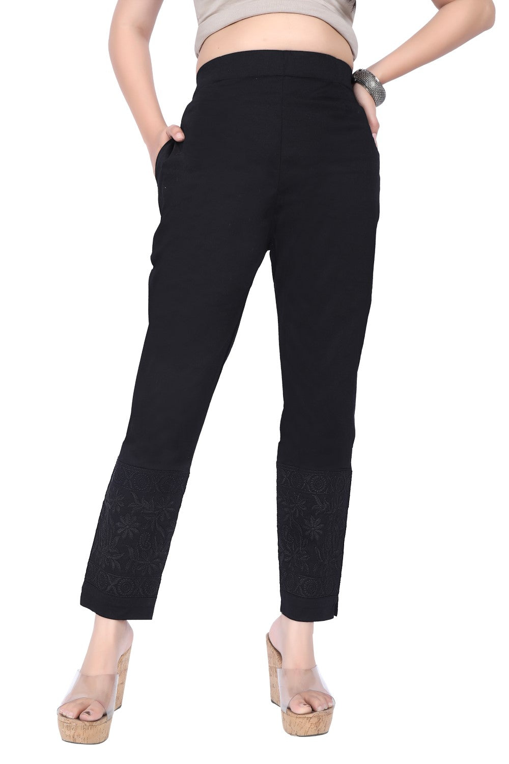 Meniki's Regular Straight Fit Pants with Broad Chikankaari Lace