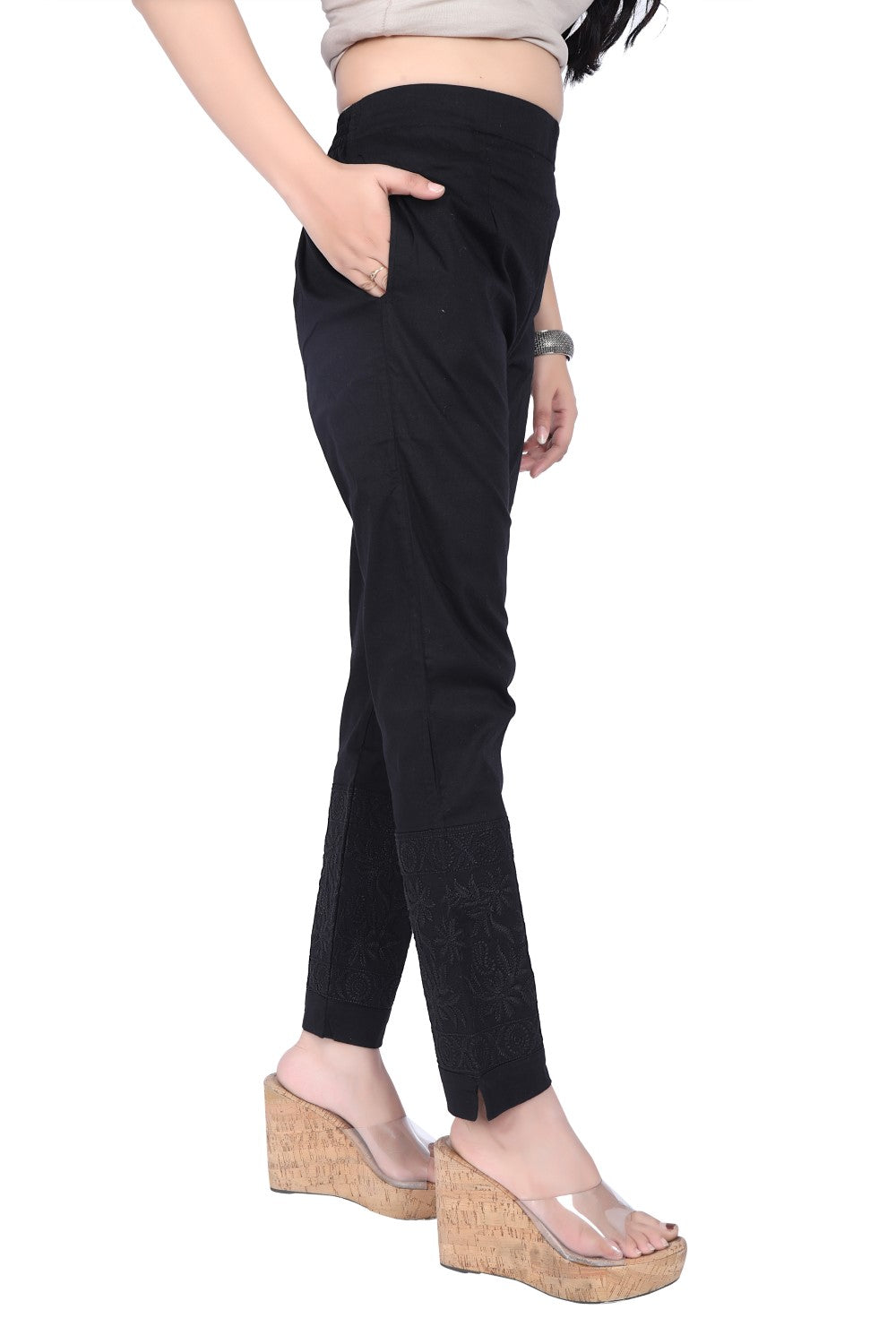 Meniki's Regular Straight Fit Pants with Broad Chikankaari Lace