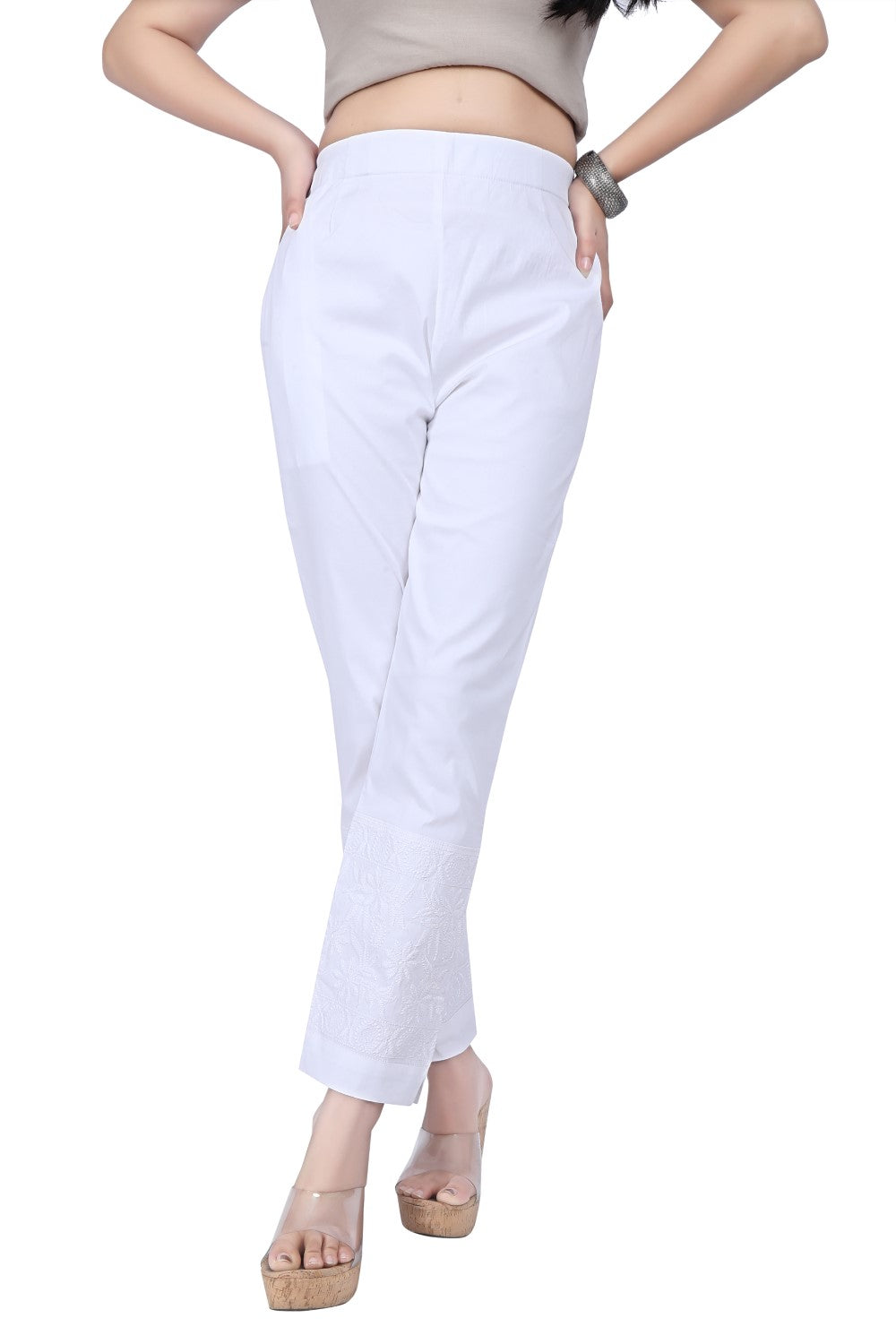 Meniki's Regular Straight Fit Pants with Broad Chikankaari Lace