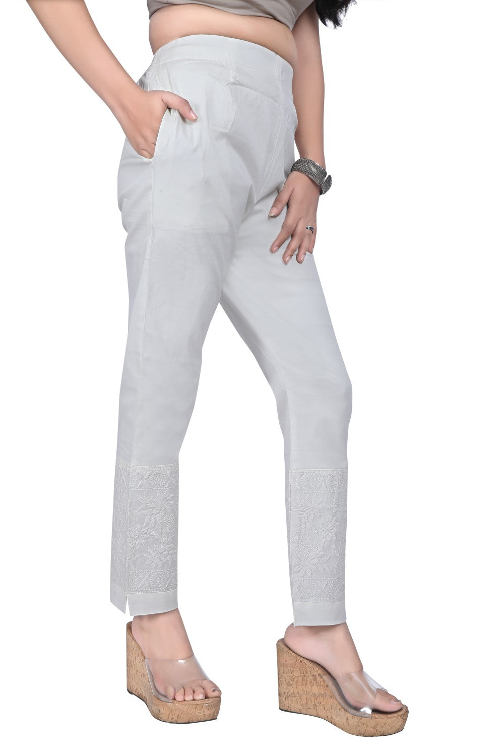 Meniki's Regular Straight Fit Pants with Broad Chikankaari Lace