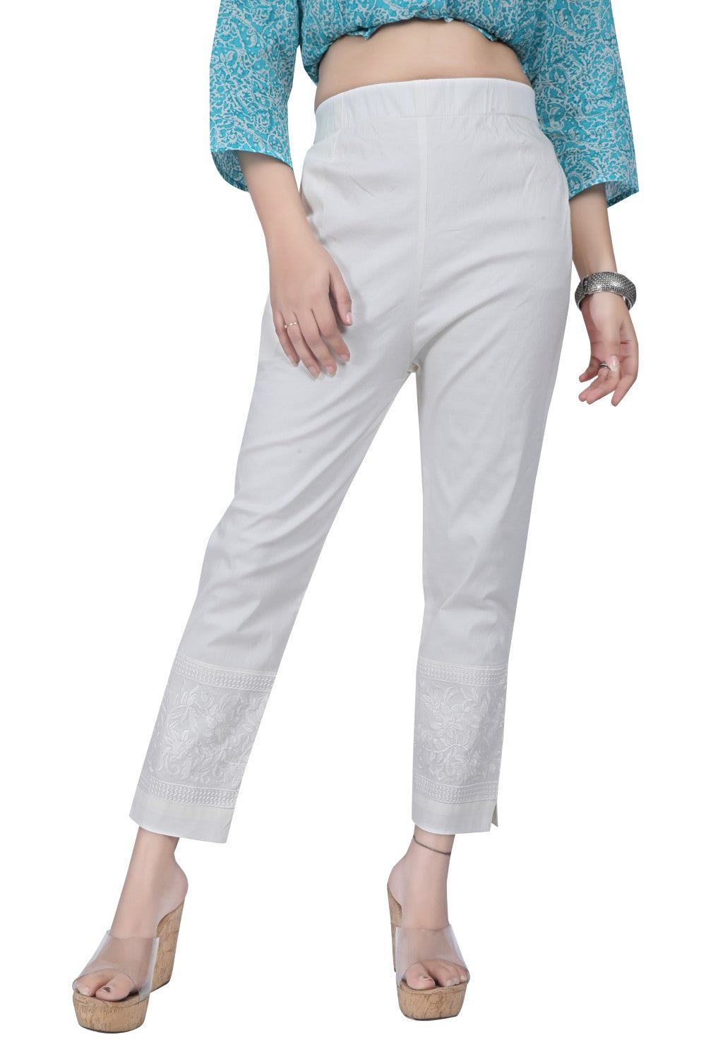 Meniki's Regular Straight Fit Pants with Chikankaari Lace