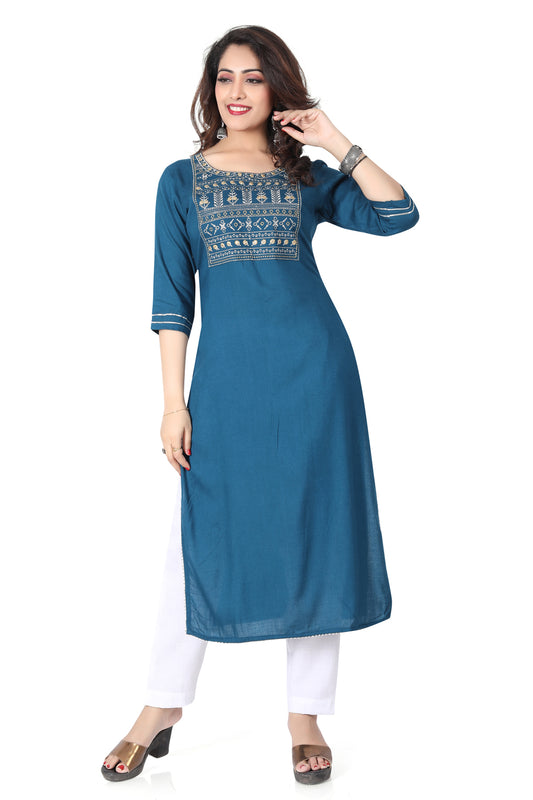 Meniki Women's Thread Embroidered Teal Kurti