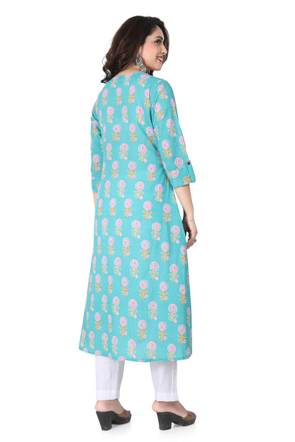 Meniki Women's Flower Printed with Front Buttons Turquoise Blue Kurti