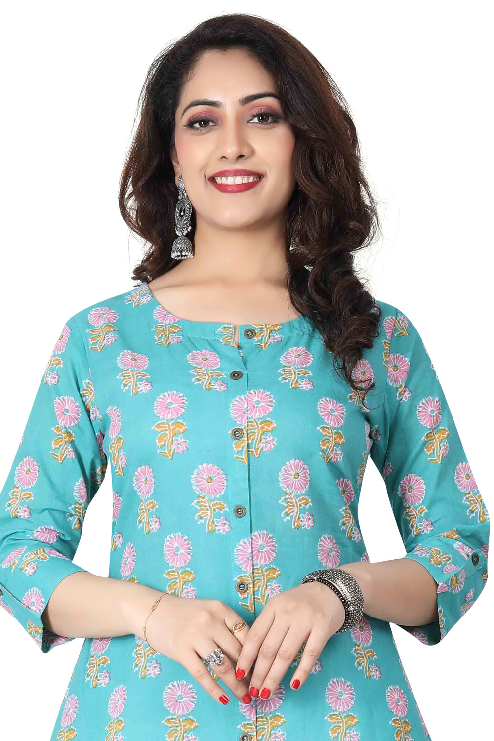 Meniki Women's Flower Printed with Front Buttons Turquoise Blue Kurti