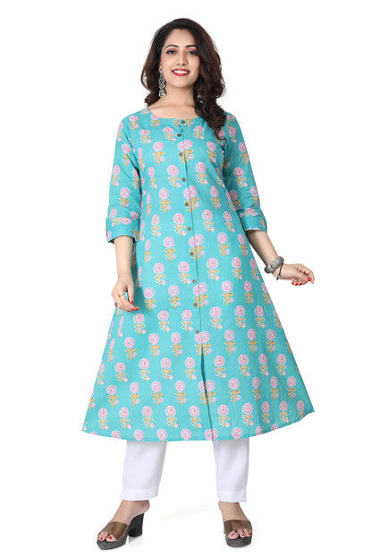 Meniki Women's Flower Printed with Front Buttons Turquoise Blue Kurti