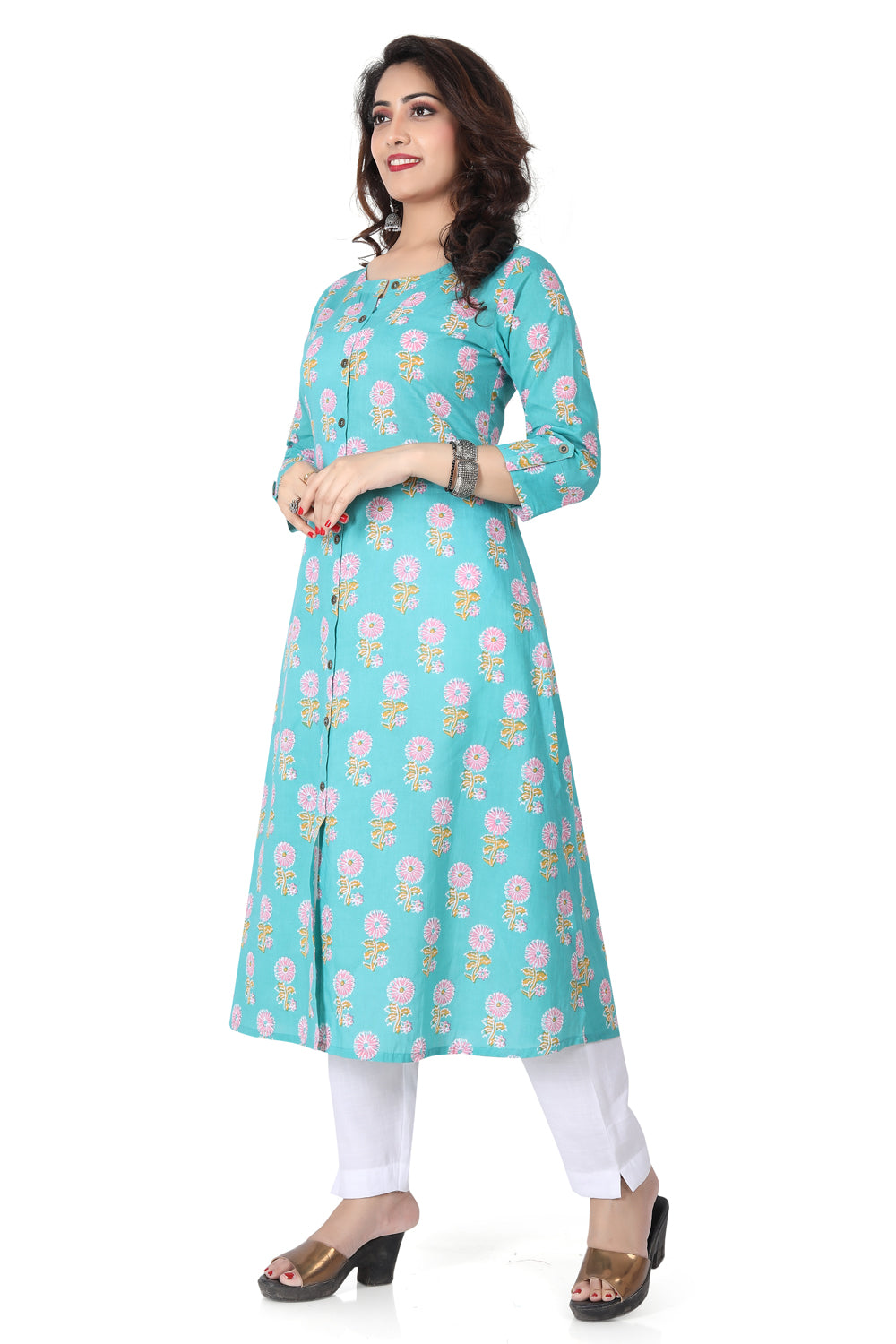 Meniki Women's Flower Printed with Front Buttons Turquoise Blue Kurti