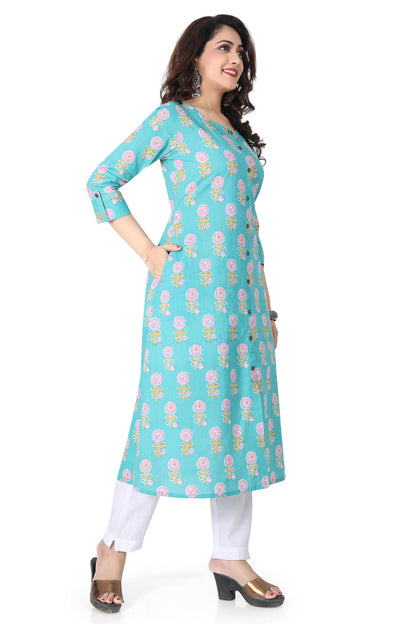 Meniki Women's Flower Printed with Front Buttons Turquoise Blue Kurti