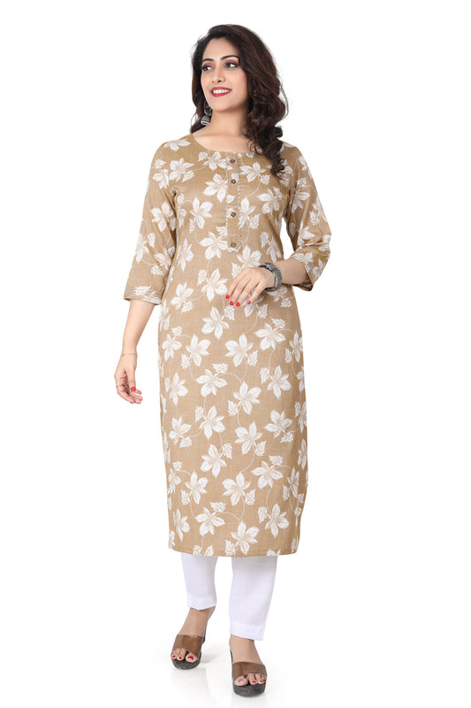 Meniki Women's White Flowers Printed Brown Kurti