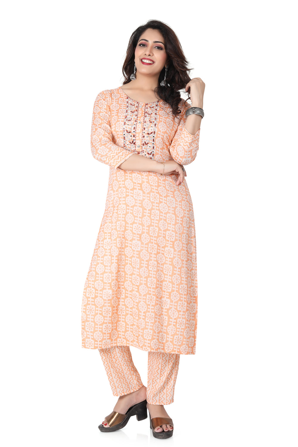 Meniki Women's Geometrical Print with Thread and Mirror Work Orange Kurti