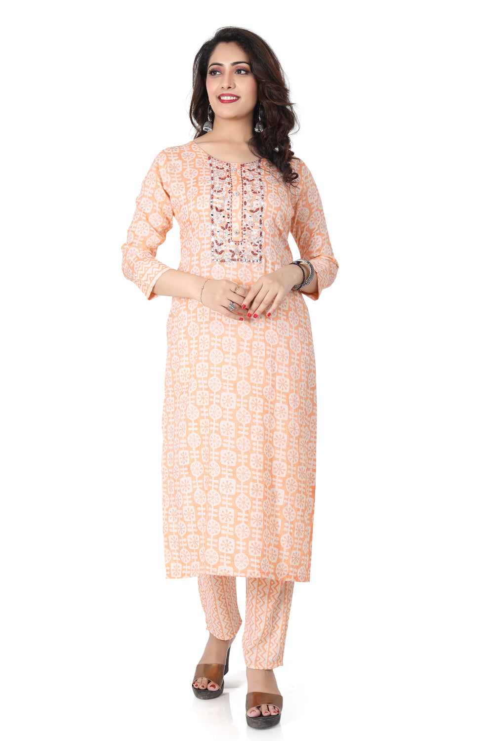 Meniki Women's Geometrical Print with Thread and Mirror Work Orange Kurti