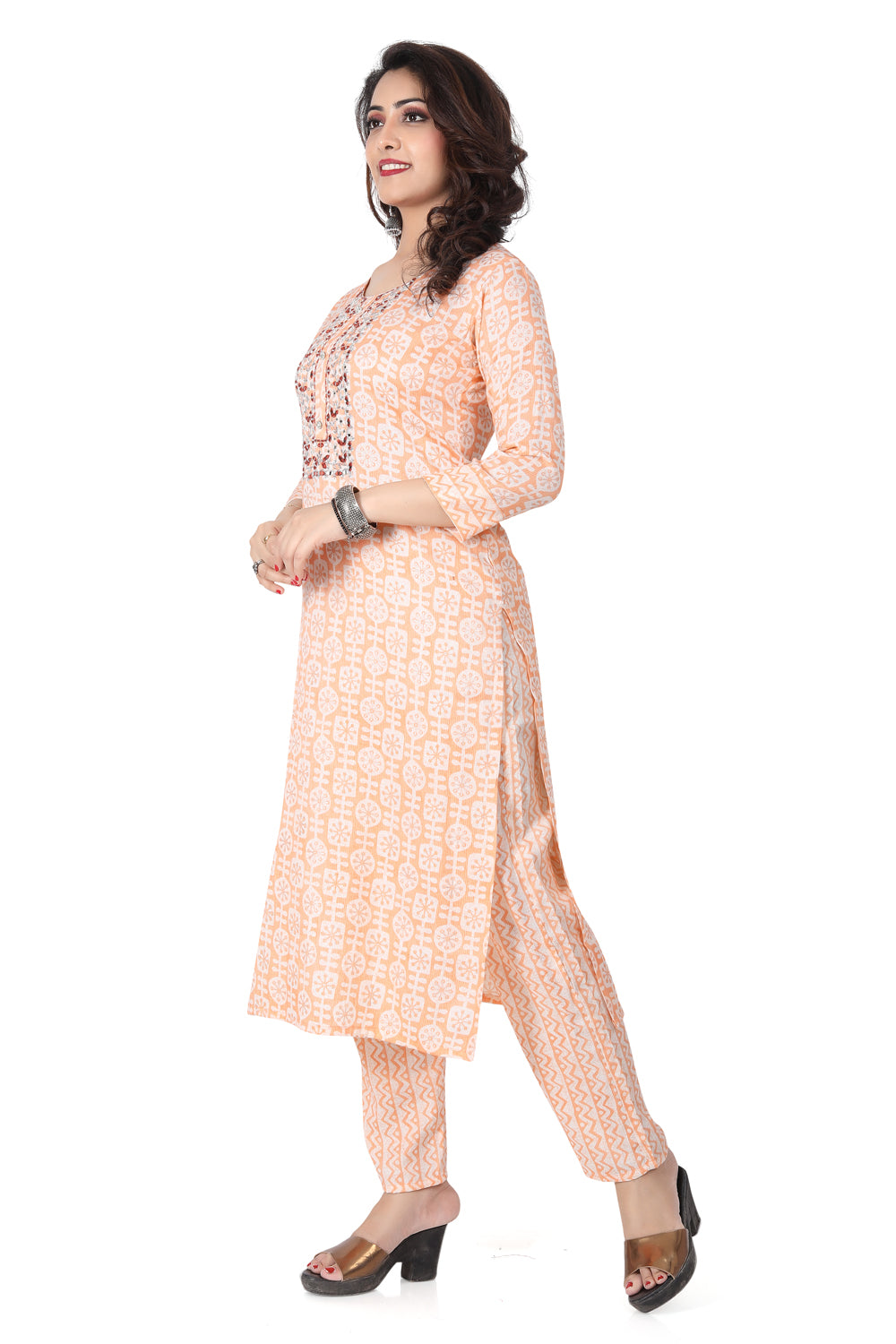 Meniki Women's Geometrical Print with Thread and Mirror Work Orange Kurti