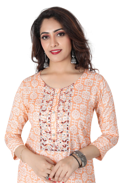 Meniki Women's Geometrical Print with Thread and Mirror Work Orange Kurti