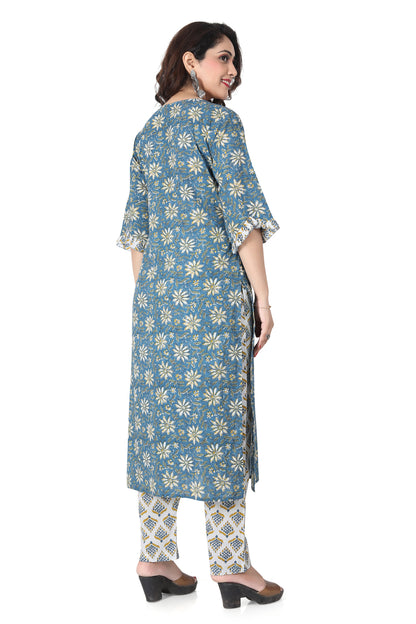 Meniki Women's Printed Blue Kurti with Frill Sleeves and Matching Printed Pant