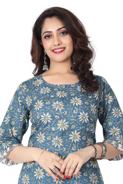 Meniki Women's Printed Blue Kurti with Frill Sleeves and Matching Printed Pant