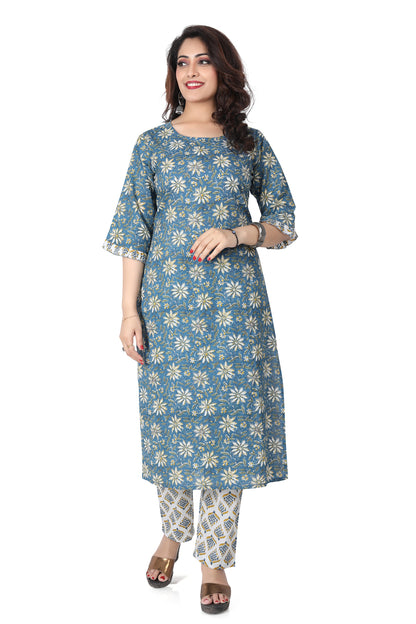 Meniki Women's Printed Blue Kurti with Frill Sleeves and Matching Printed Pant