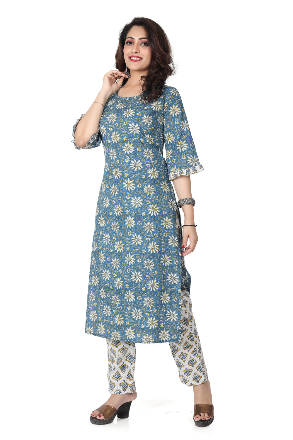 Meniki Women's Printed Blue Kurti with Frill Sleeves and Matching Printed Pant