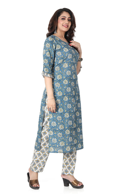 Meniki Women's Printed Blue Kurti with Frill Sleeves and Matching Printed Pant