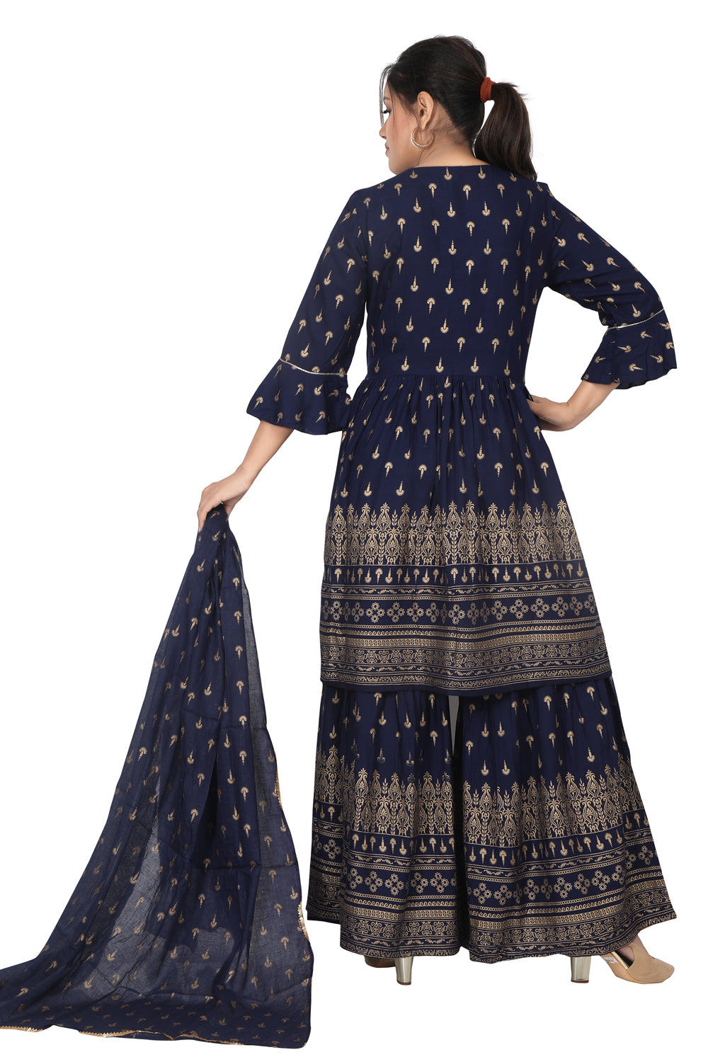 Meniki Women's Golden Printed Kurti with Sharara Pant and Dupatta