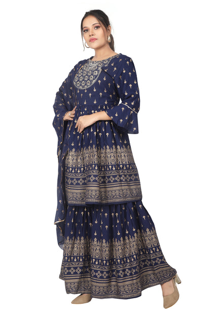 Meniki Women's Golden Printed Kurti with Sharara Pant and Dupatta